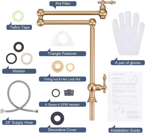 WOWOW Pot Filler Kitchen Faucet Brushed Gold Victorian Style-5
