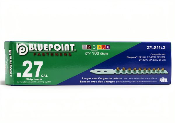 BLUEPOINT .27 Caliber Green Strip Powder Loads for Power Actuated Fastening System (1000 Count). Item# 27LS11L3. Ideal for Reliable Fastening Applications. 10-Pack Save $30-2